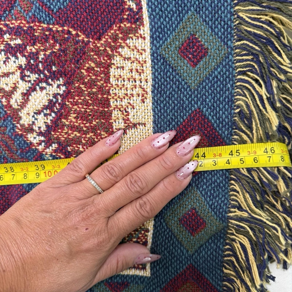 Vtg Woven Tapestry Throw Blanket Mallard Duck Paisley Fringe Burgundy Teal 47x70 - Picture 11 of 12